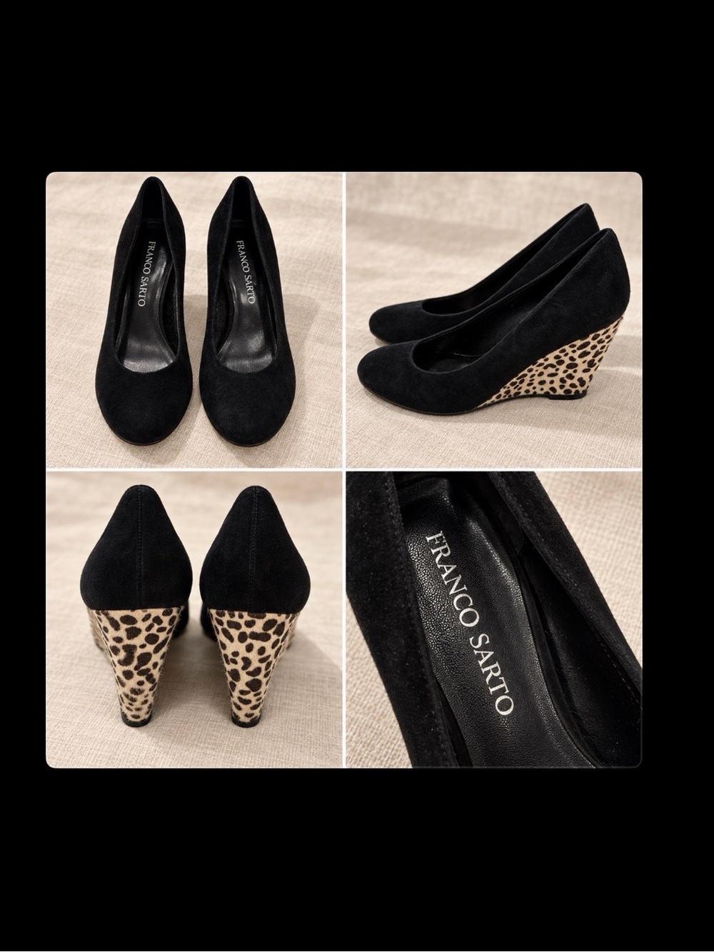 Franco Sarto Black Suede Wedge Pumps with Leopard Heel